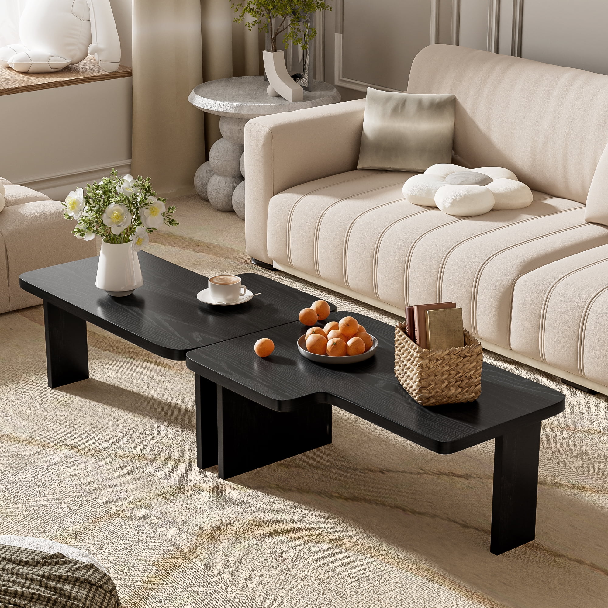 Euroco Modular Coffee Table Set of 2 – Freely Configurable Wood Grain MDF Tables with Modern Design, Compact Side Table Option