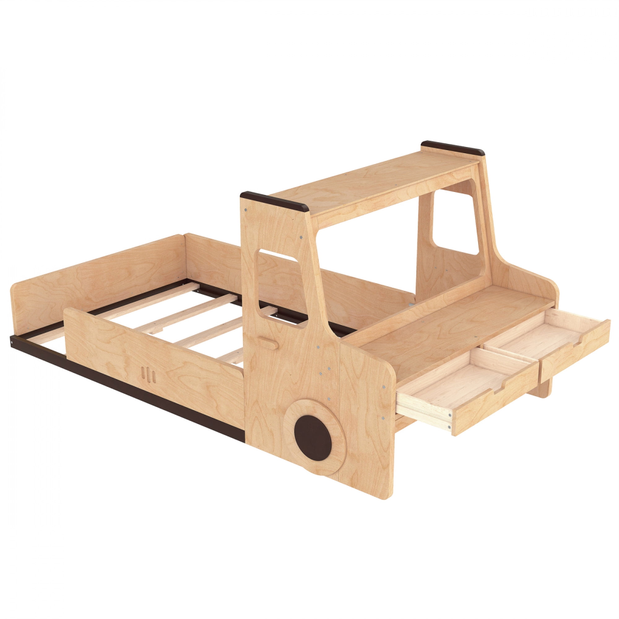 Twin Size Car-Shaped Floor Bed - with Storage Drawers, Window & Desk for Bedroom,Natural
