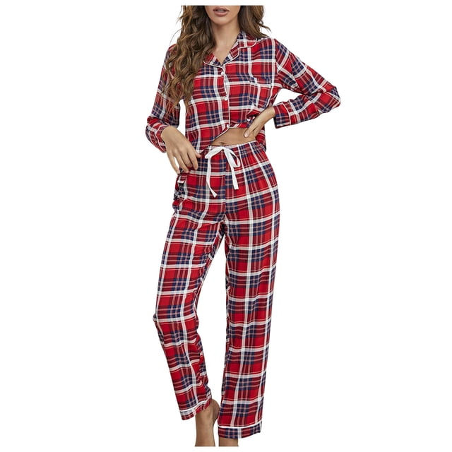 Bowake Pyjamas pour Femmes 2 Pcs Tenues Décontractées Col Rond Manches Longues Hauts et Pantalons à Carreaux Ensembles de Détente Vêtements de Nuit Pjs