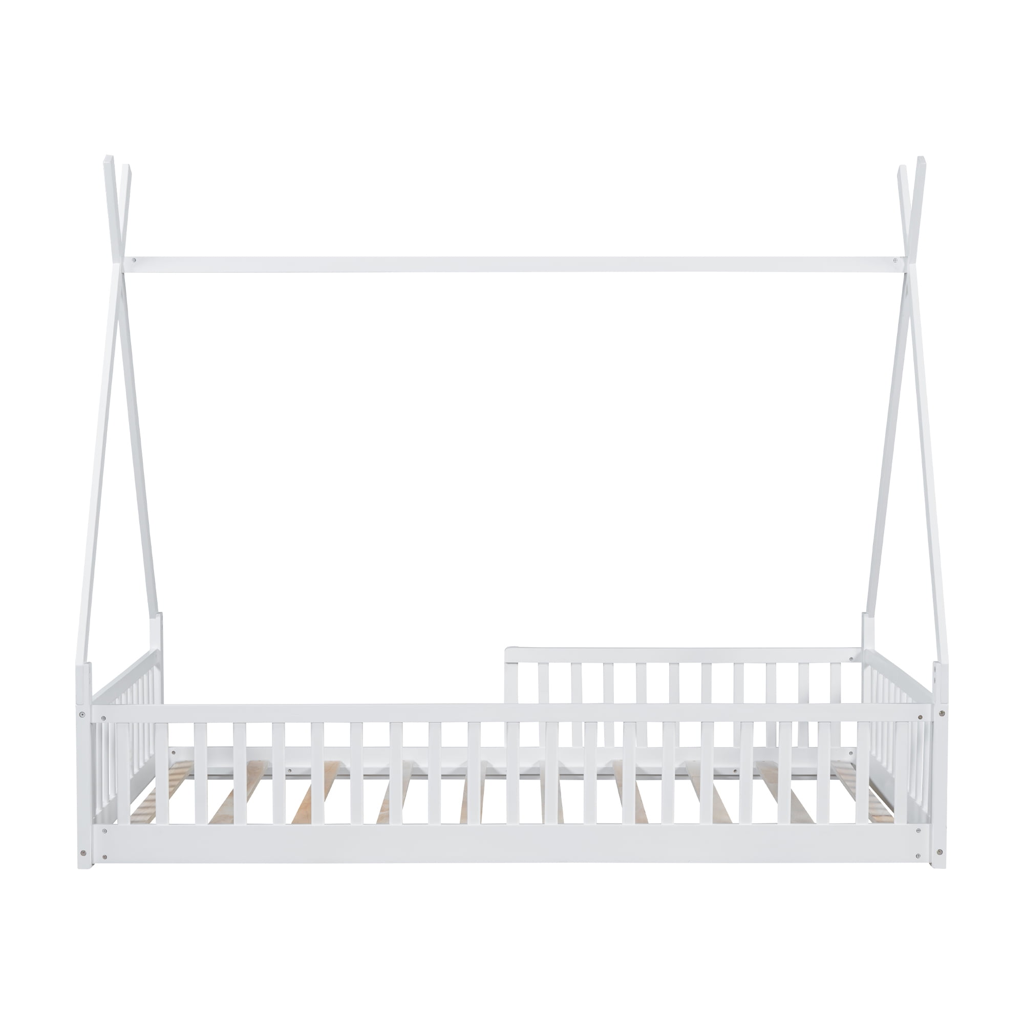 Euroco Twin Size House Platform Bed, Floor Bed with Guardrails for Kids Teens Room, White