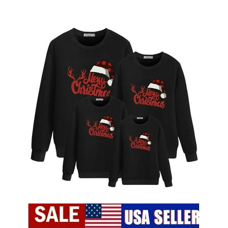 

Christmas Sweatshirt for Family Long Sleeve Round Neck Xmas Hat Kids Mama Dad Matching Outfit
