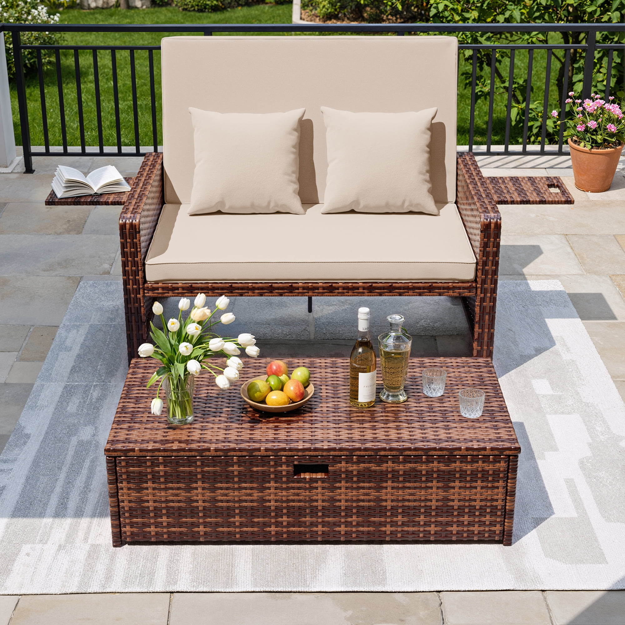 POTEBAN Wicker Outdoor Daybed-Outdoor Loveseat with Storage Ottoman, 4-Level Adjustable Backrest & Cushions for Balcony, Garden, Poolside (Beige)