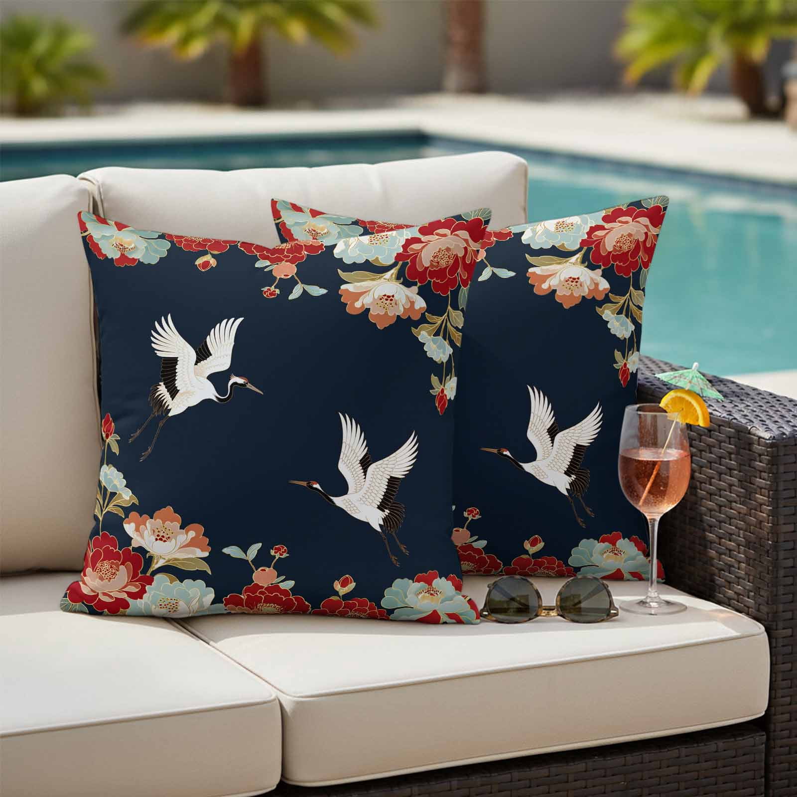 Pack of 2 Navy Blue Crane Outdoor Pillow Covers Decorative, Waterproof Pillow Protector, Vintage Red Teal Spring Floral Botanical Throw Pillowcases Accent Cushion Cases for Patio Couch Sofa 20"x20"
