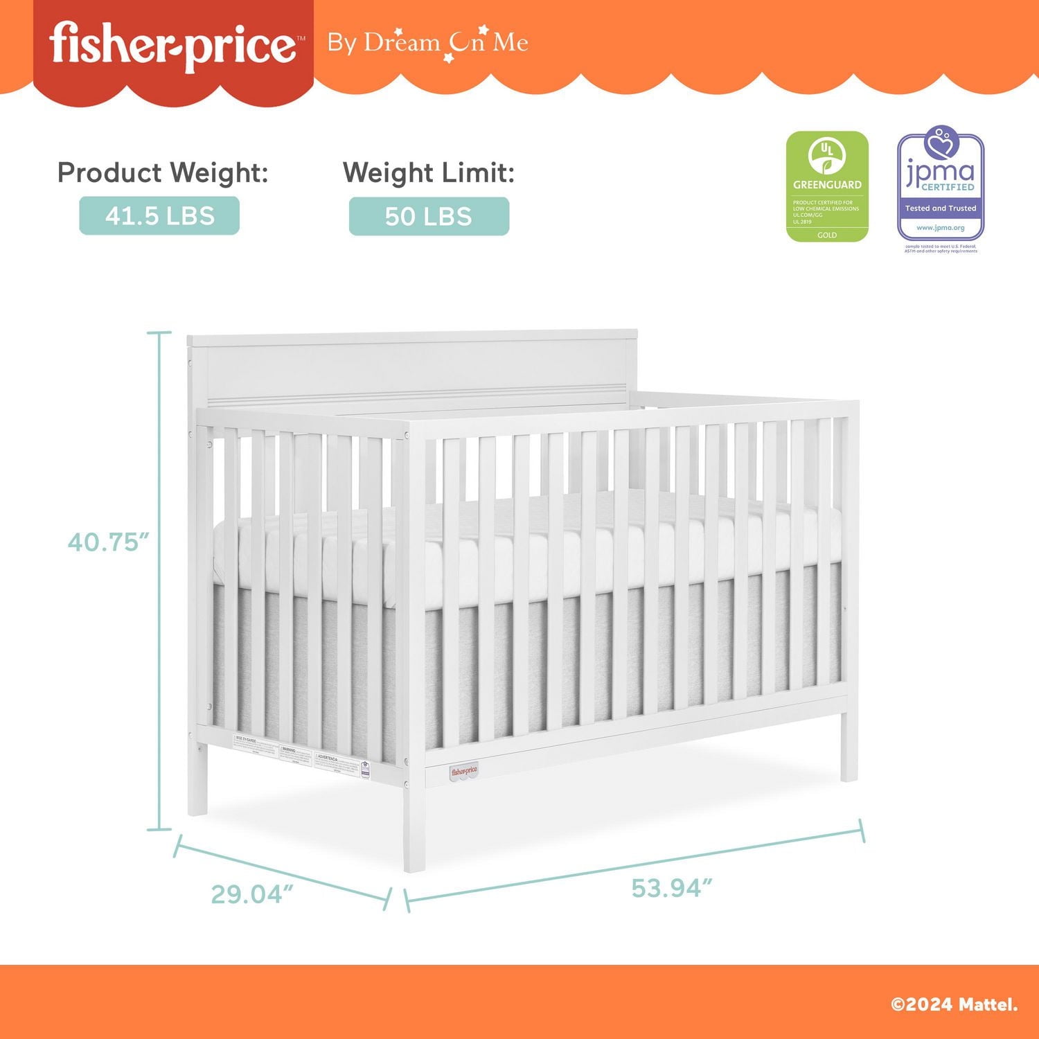 Fisher-Price Miles 5-in-1 Convertible Crib by Dream On Me, 3 height setting