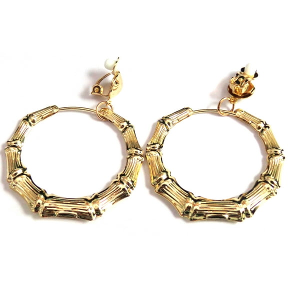 Clip-on Earrings 2 inch Bamboo Plated Gold Tone Hoops Lightweight