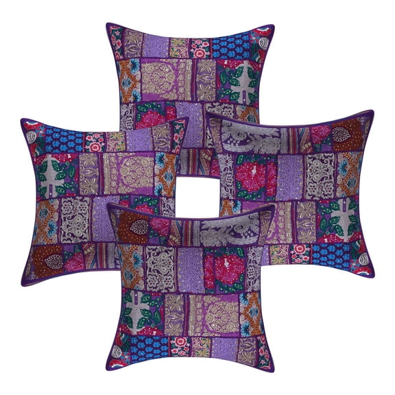 Stylo Culture Indian Cotton Decorative Throw Pillow Sham Covers Purple 20x20 Bohemian Vintage Patchwork Indian Couch Cushion Covers 50 x 50 cm Home Decor Abstract Square Pillowcases | Set Of 4
