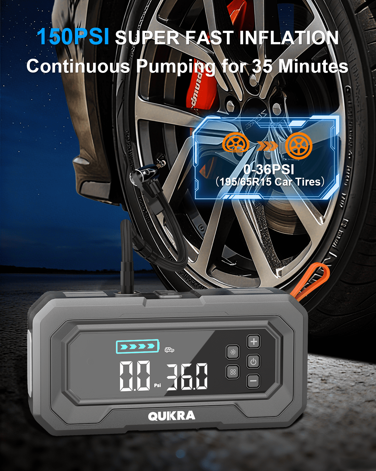QUIKRA Jump Starter with Air Compressor,2000A Portable Battery Booster for 4.2L Gas or 3.0L Diesel with 150PSI Auto-Shutoff Tire Inflator, 12V Lithium Jump Box Car Battery Jumper Starter