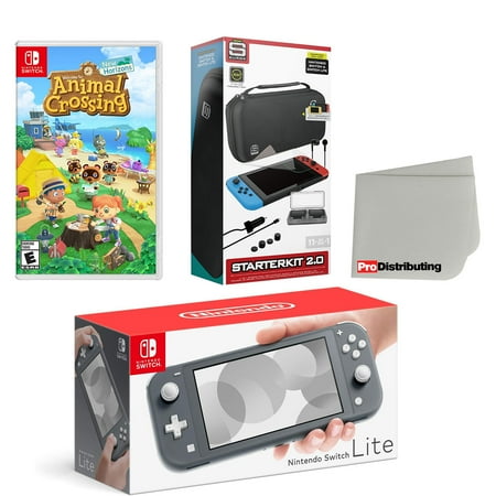 Nintendo Switch Lite Console Gray with Animal Crossing: New Horizons, Accessory Starter Kit and Screen Cleaning Cloth Bundle
