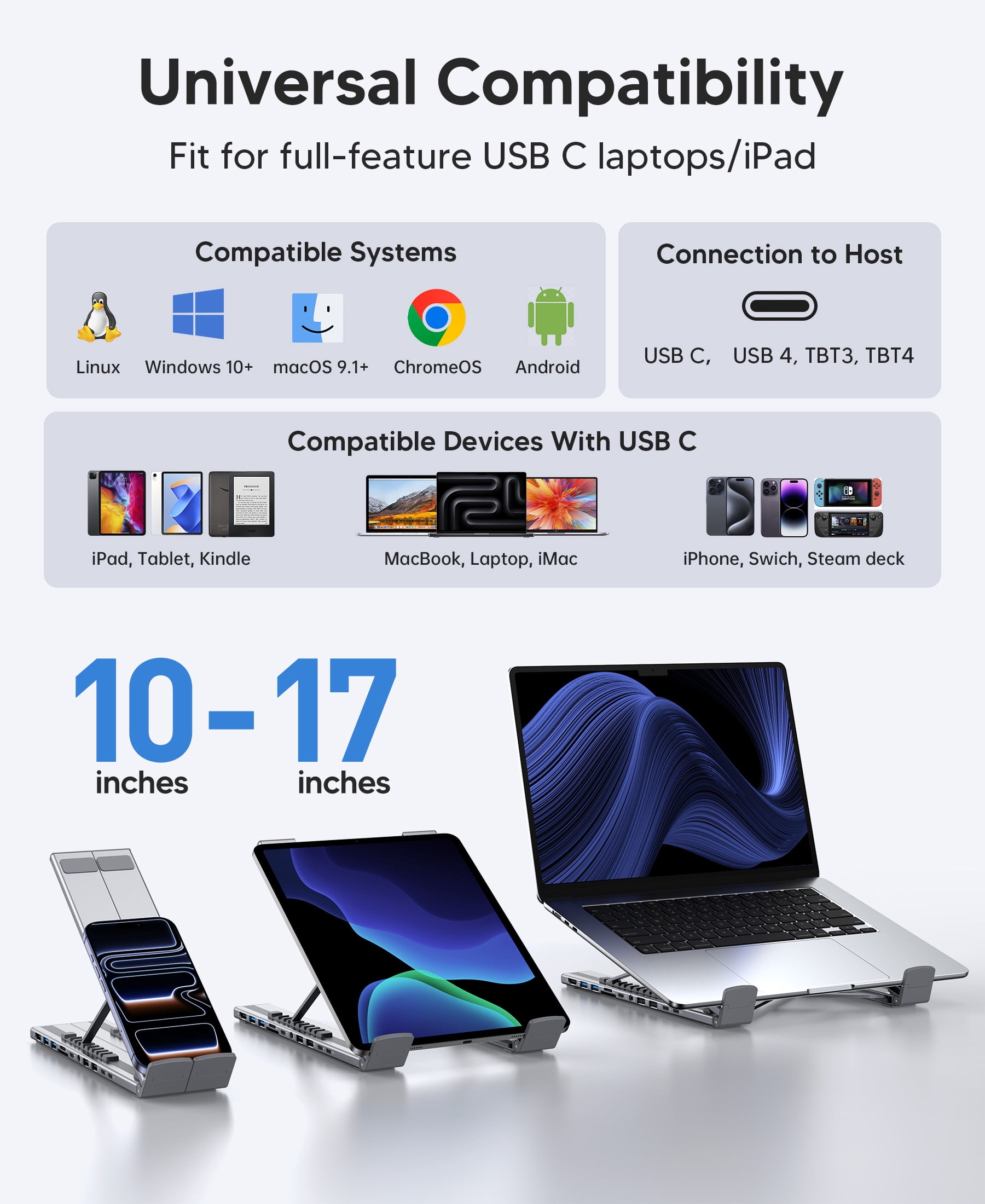 USB C Laptop Docking Station Stand with 4K HDMI, 11 Ports | Powered USB C Hub | Adjustable Laptop Stand for 10-17" Laptops | Lightweight & Portable Design | Ideal for Tablets, Laptops Stand