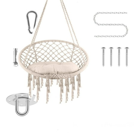 KNOPT Cotton Rope Hammock Chair, Max 400 Lbs Hanging Chair, Pure Cotton Swing Chair, for Indoor Outdoor Bedroom Patio Black Hammock Swing Chair​, White