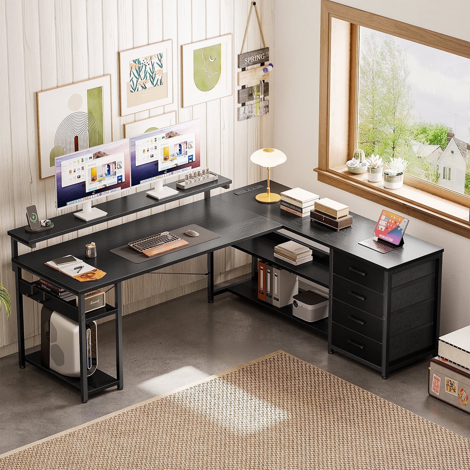 61" L-Shaped Gaming Desk with LED Lights, Power Outlets, Adjustable Monitor Stand, Drawers & Corner Storage, Computer Desk for Office, Study, Gaming – Black