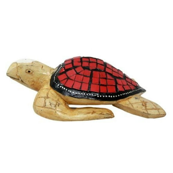 Balinese Wood Handicrafts Ocean Turtle With Painted Glass Shell Figurine 10"L