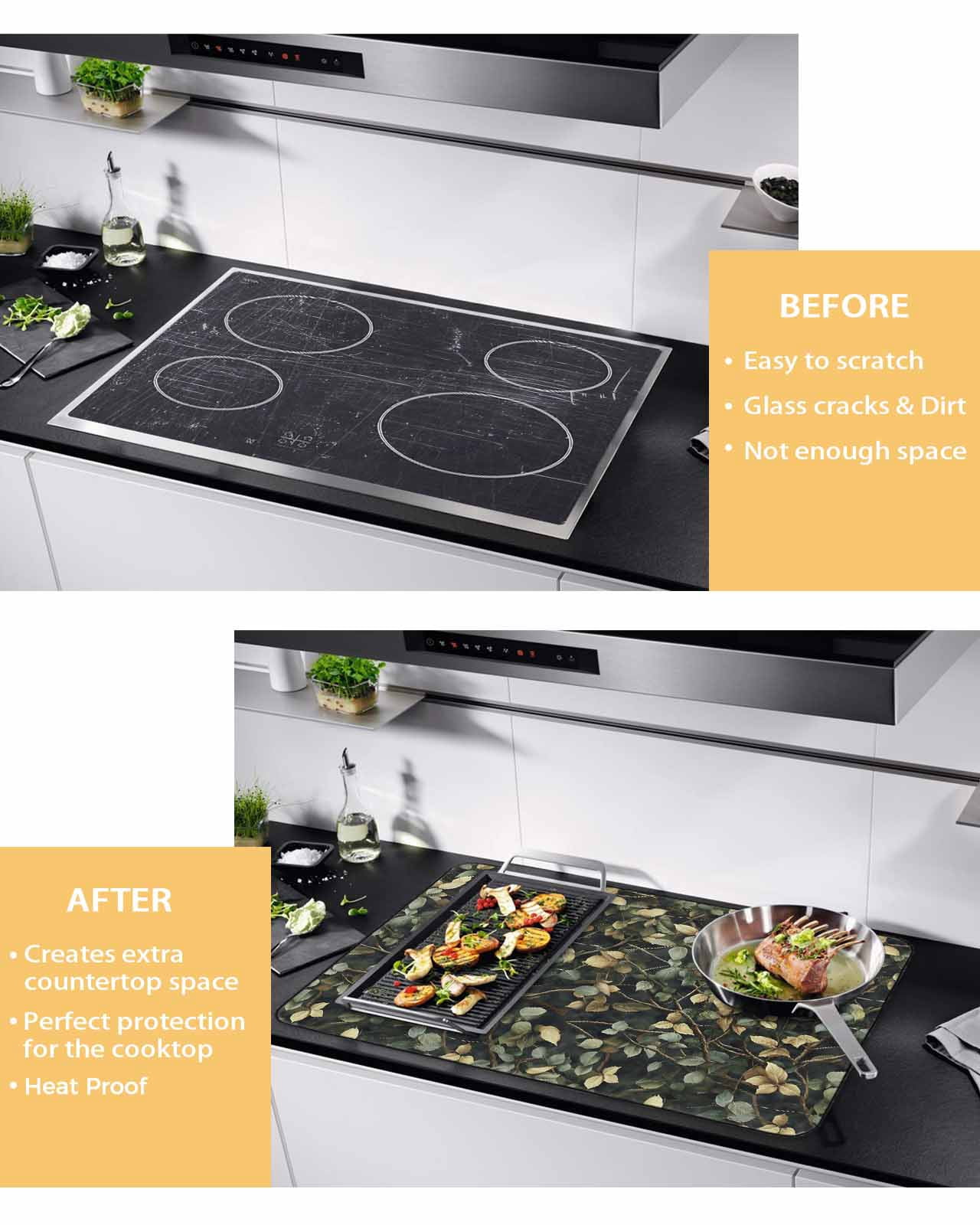 nqOlkjepod Large Induction Cooktop Protector Mat 24"x21", Branches Green Leaves Stove Top Covers for Electric Stove, Vintage Botanical Forest Stove Burner Cover Mats, Glass Top Stove Cover