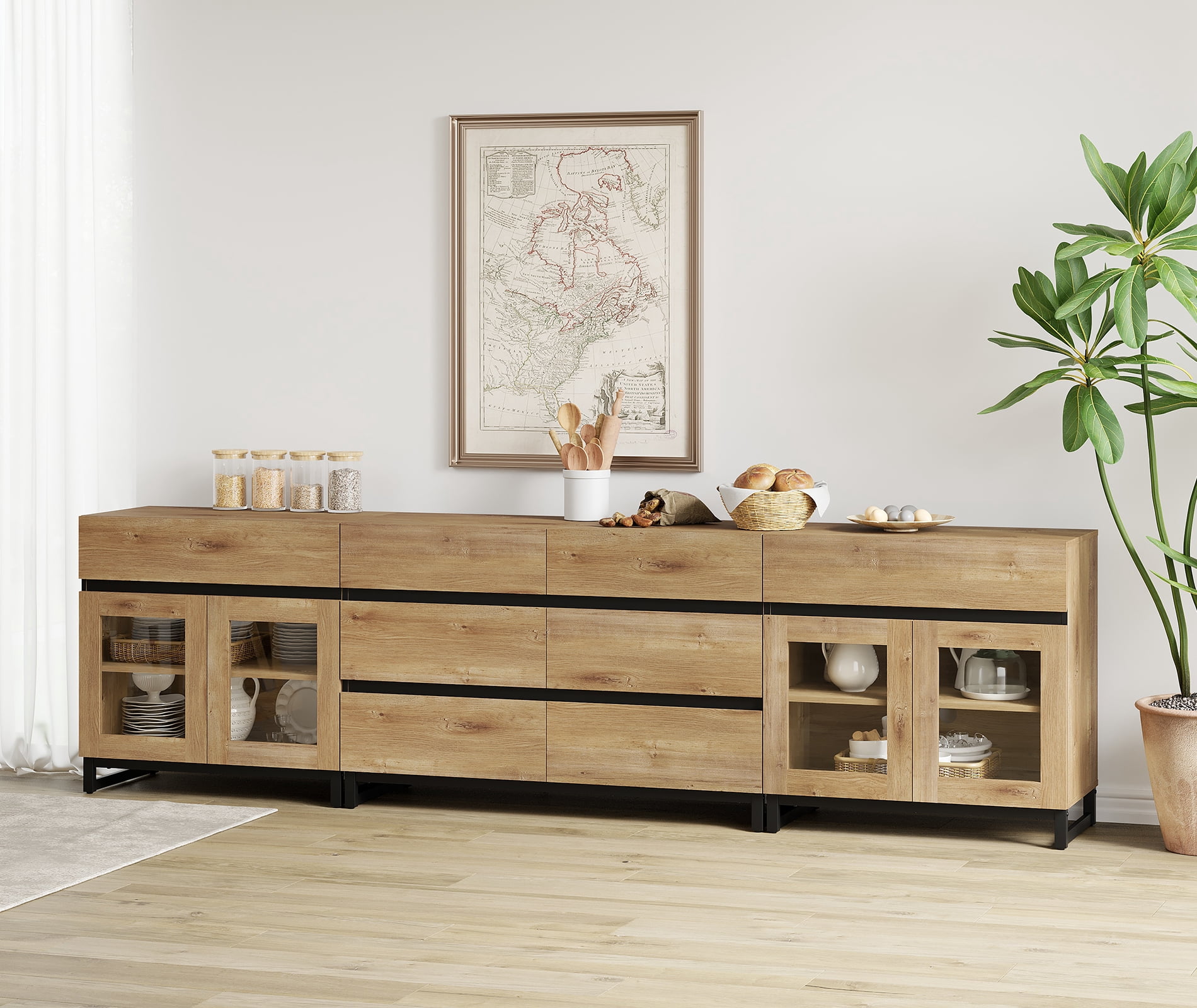Modern Sideboard with Adjustable Shelves and 8 Drawers, 3 in 1 Storage Cabinet with Glass Doors, Coffee Bar Cabinet for Living Room, Kitchen, Oak