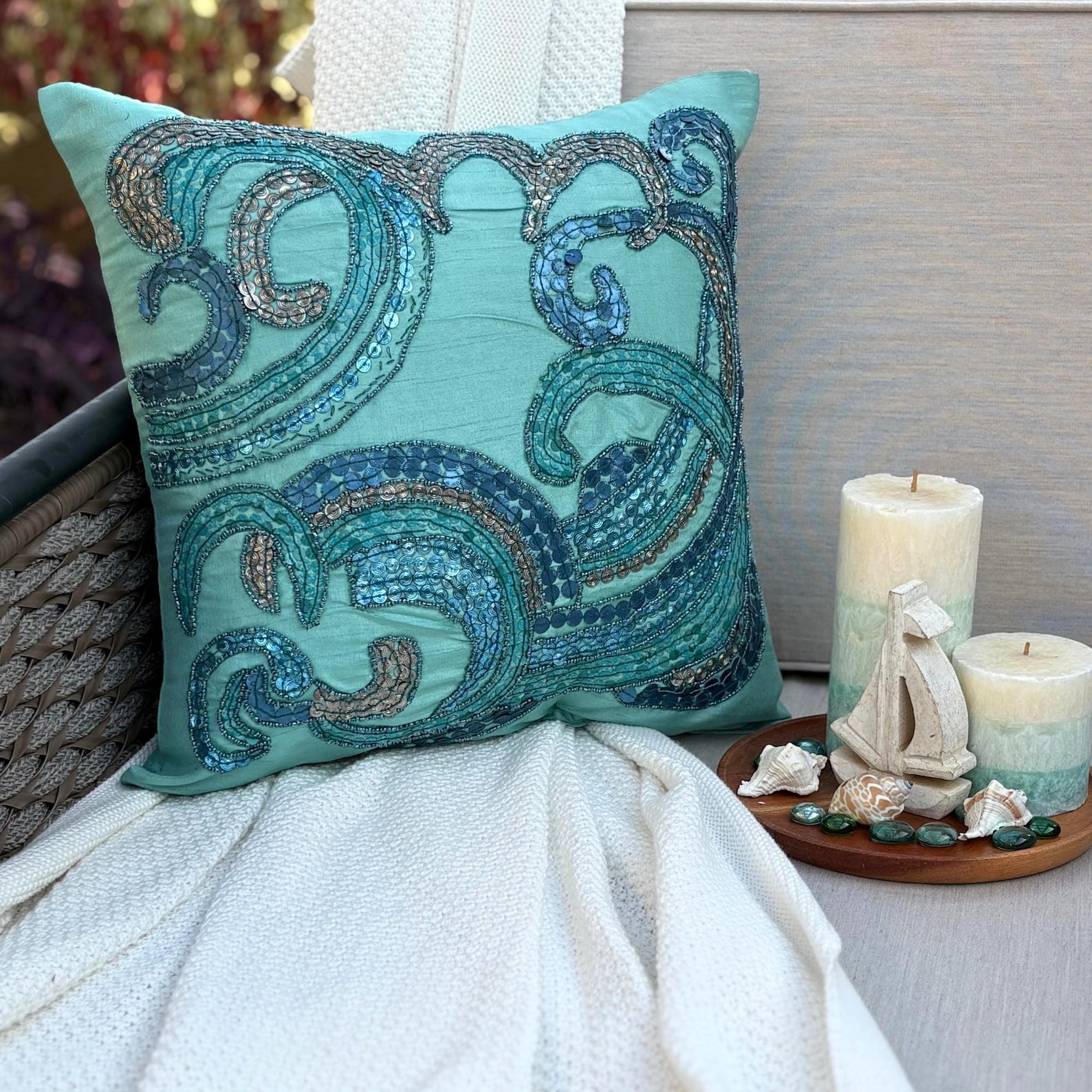 Custom Cushion Cover, Aqua Blue Decorative Pillow Cover&nbsp;For Sofa 16x16 inch (40x40 cm), Silk Pillowcase&nbsp;With Zipper, Abstract, Waves, Sequins Embellished, Mediterranean Throw - Tides