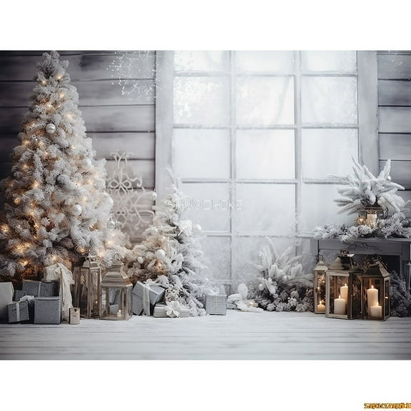 Christmas Day Photography Backdrops Prop Fireplace Window Winter Xmas Tree ration Flower Garland Wood Door Background JU-04