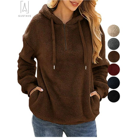 Gustave Women's Fleece Long Sleeve Pullover Hoodies with 1/4 Zip Up Sweatshirt Jumper Warm Sweaters (Brown, XL)