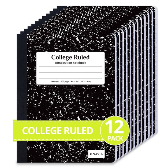 ONAVIA Composition Notebook College Ruled, 12 Pack, 200 Pages 100 Sheets, 9.75 x 7.5, Marble Composition Books Bulk, Hard Cover, Black