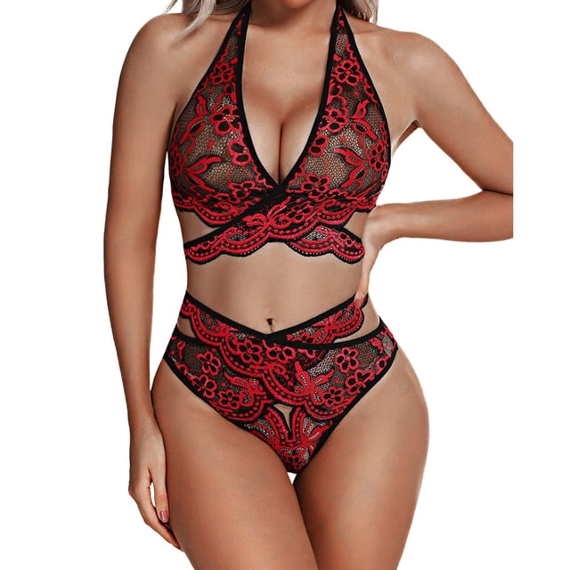Gibobby Ropa interior mujer Lencería de Malla Sexy para Mujer Conjunto de Ropa Interior de Vendaje Envoltura de Pecho Bragas Huecas Conjunto de Sujetadores(Rojo, G)