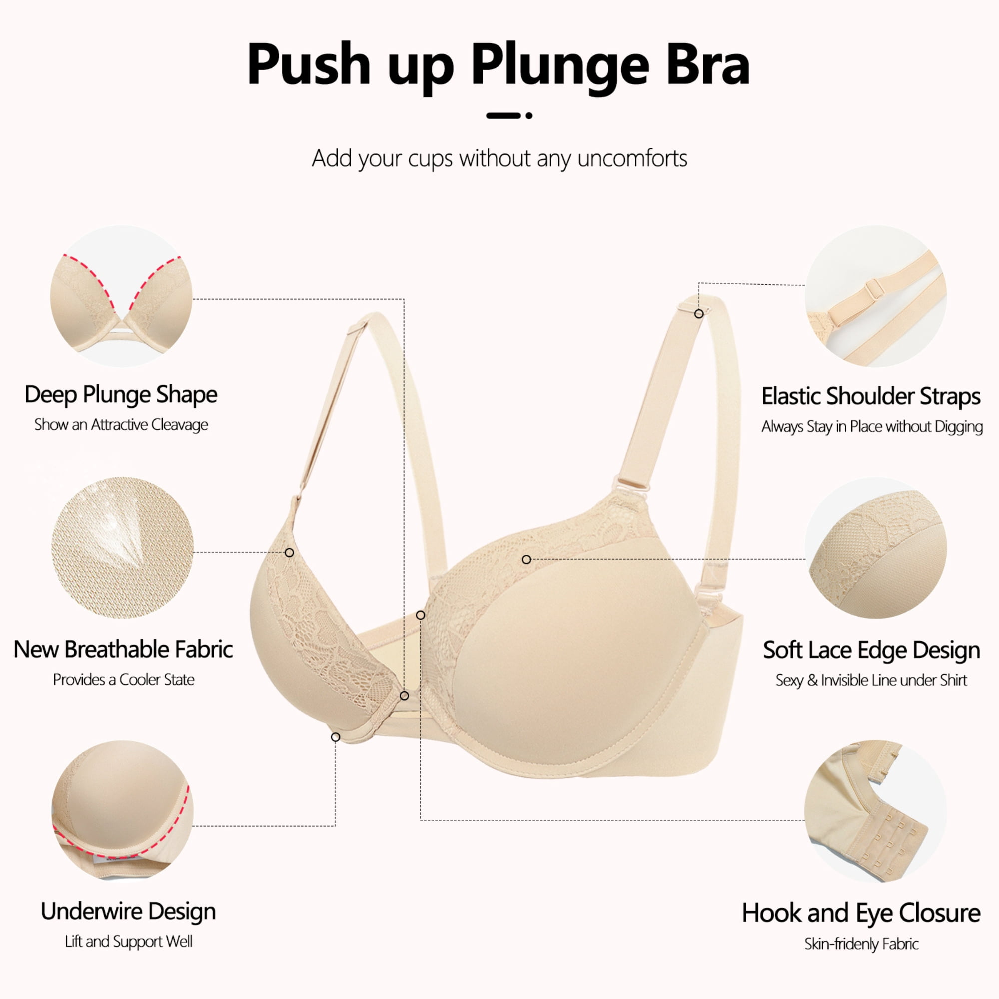 YANDW Push-up Padded Bras for Women Plunged Underwire Support Bra Add One Cups, Beige 36C