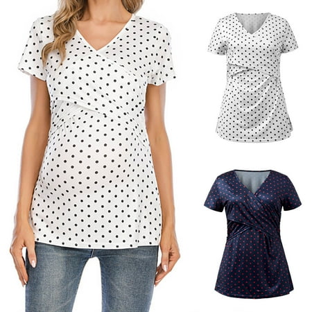 HVOBTTY Maternity's Short Sleeve T-Shirt Polka Print Nursing Fashion Casual Style Lightweight Soft Top