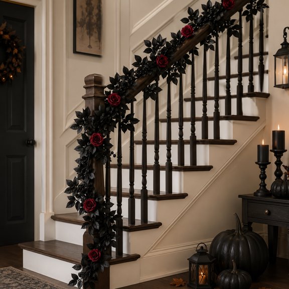 Gothic Halloween Decor Black Halloween Garland 69 Inch Spooky Halloween Decorations for Home Haunted House Decor Black and Red Party Decor, 1 Pack