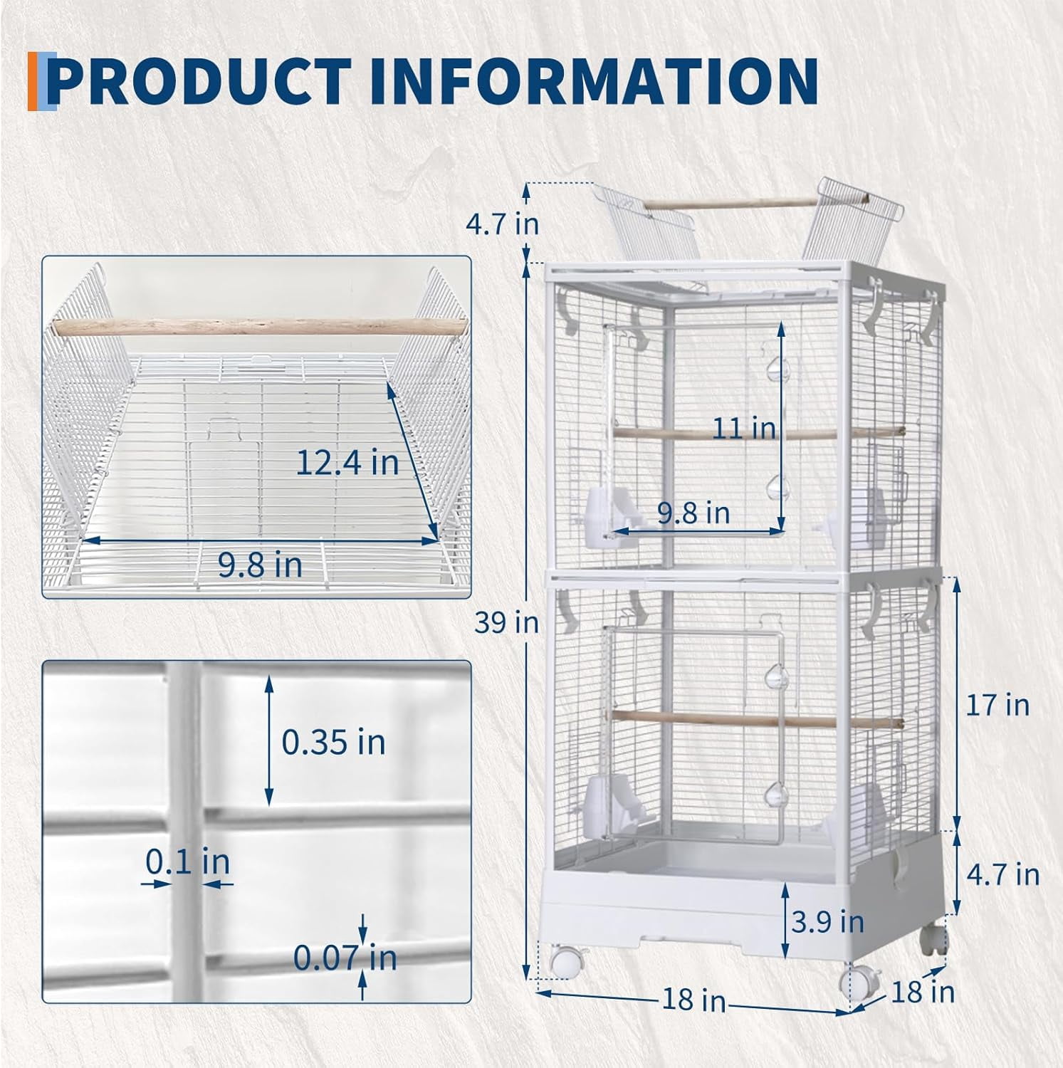 Rugerasy 40Inch Flight Bird Cage,Parakeet Cages with Rolling Stand & Wheels,Wide Birdcage,White