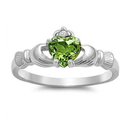 925 Sterling Silver Peridot Color Cubic Zirconia Claddagh Ring