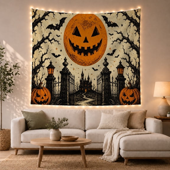 Moon Stars Jack with Lantern Carved Face Including, Spooky Gothic for Gothic Decor Fans, Dark Art Decor, Halloween Gift, Tapestry Wall Hanging for Bedroom and Dorm