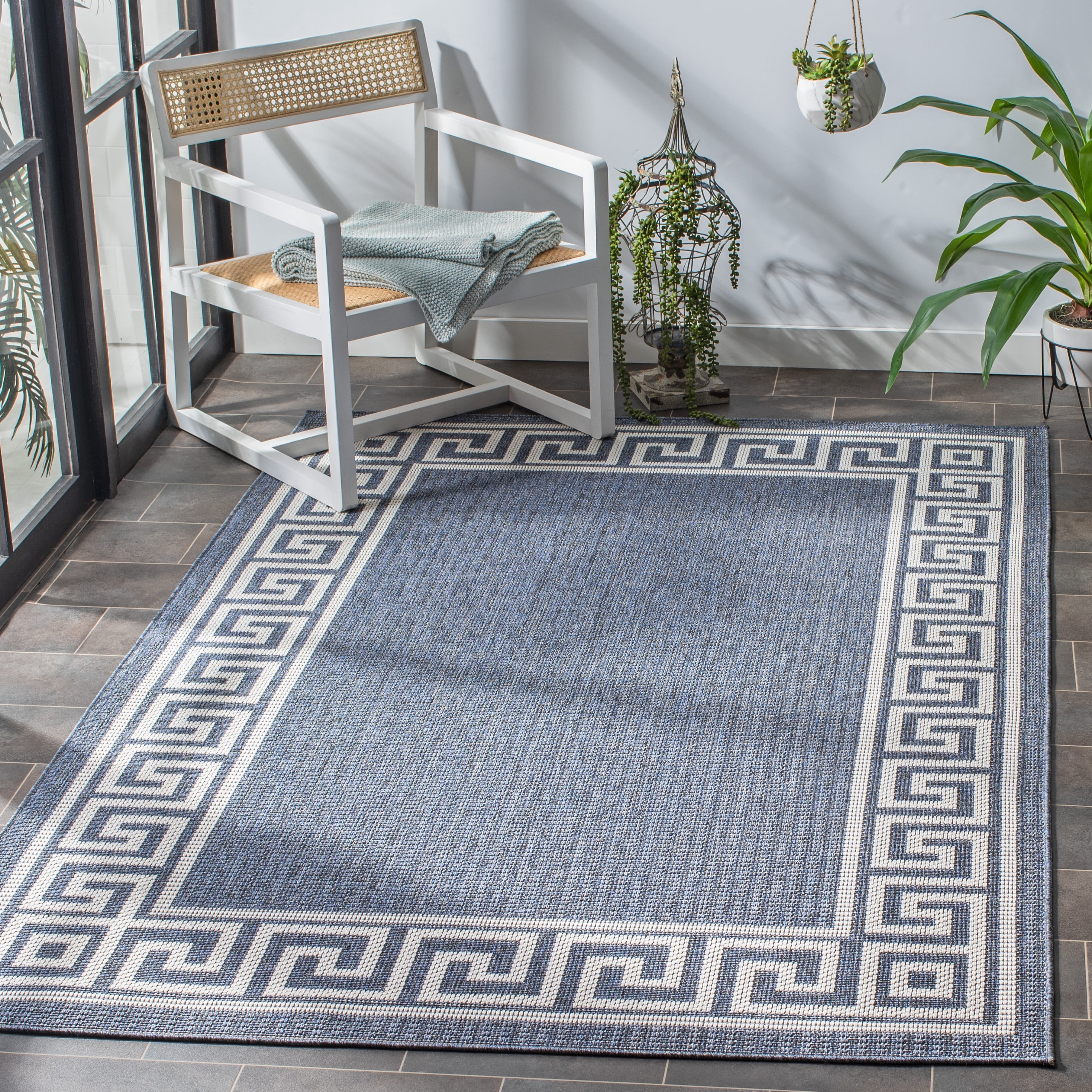 SAFAVIEH Machine Washable Rug Indoor/Outdoor Bermuda Collection - Bermuda Isidora Geometric Machine Washable Indoor/Outdoor Area Rug, Dark Blue/Ivory, 8' x 8' Square