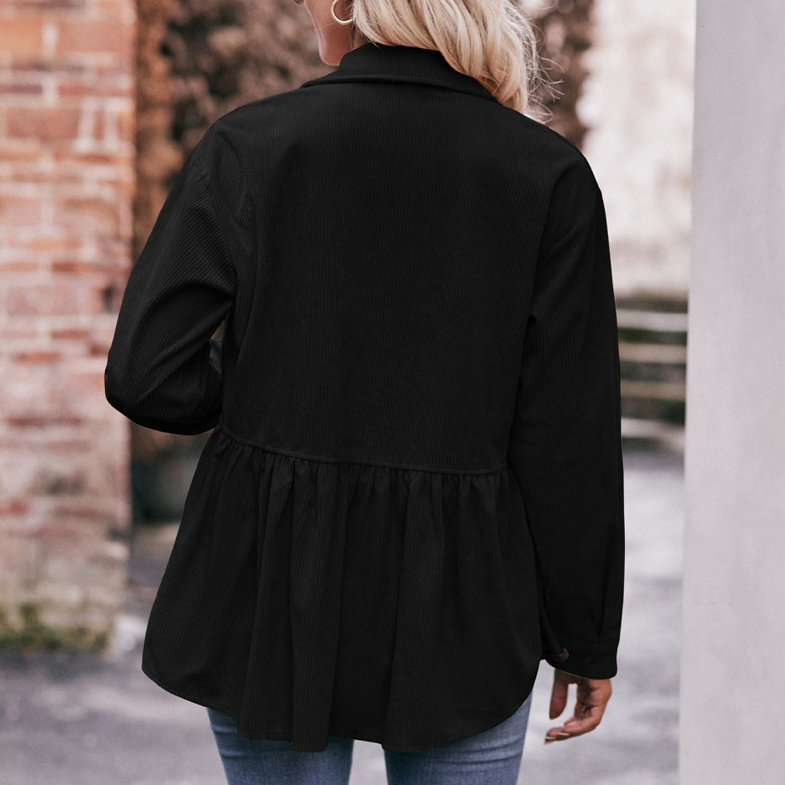 Women Corduroy Peplum Shacket Jacket Long Sleeve Button Down Babydoll Shirts Oversized Casual Collared Blouses Tops Black M