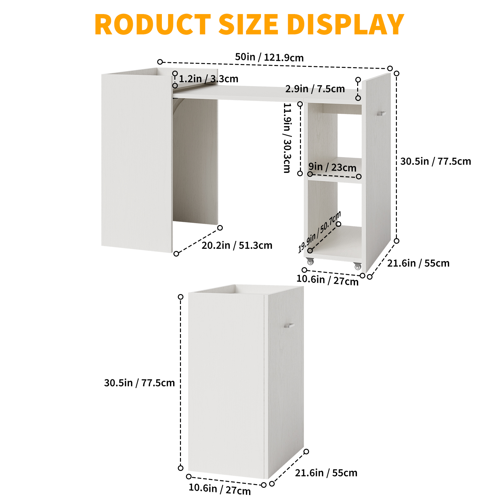 Folding Computer Desk – 50" Space-Saving Convertible Office Desk with 3-Tier Shelves, Drawer, Wheels & Reversible Design, Modern White