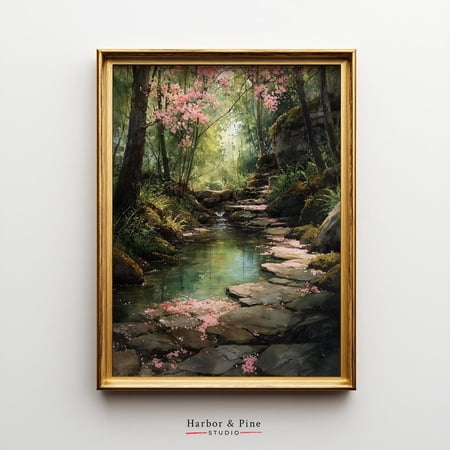 Cherry Blossom Stream Tranquil Woodland Spring Landscape, Unframed Paper Poster 8x10in