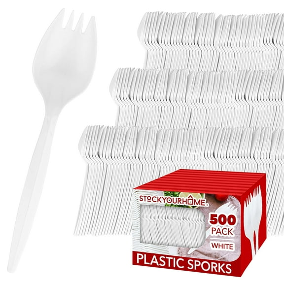 Disposable Sporks (500 Pack) White Plastic Sporks - BPA Free Kid Safe 2 in 1 Utensils - Heavy Weight Fork Spoon for School Lunch, Picnics, Catering, Restaurants, Kids Birthday Party - Stock Your Home