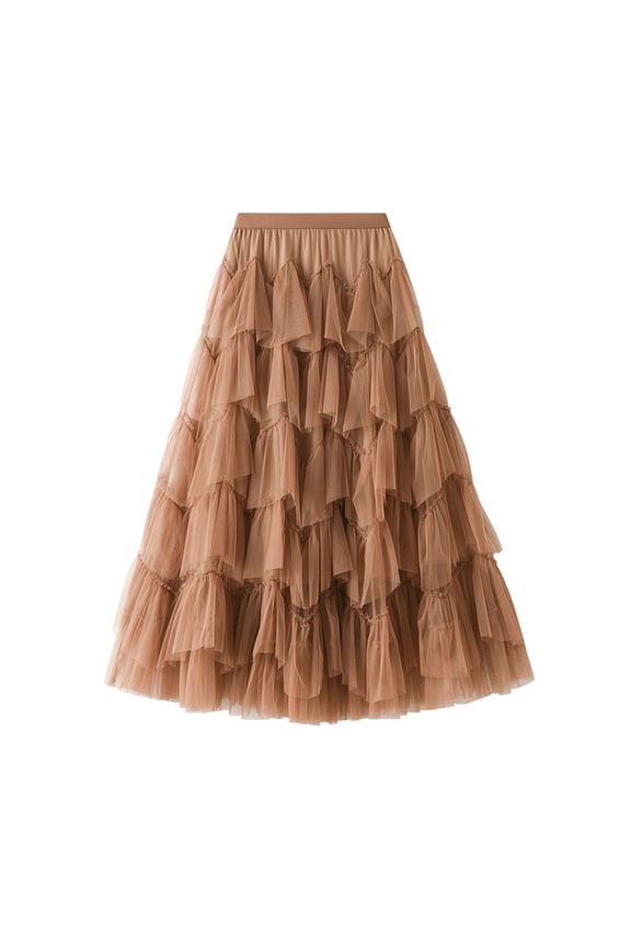 Tulle Skirts for Women High Waist Layered Floral Print Brown Skirt Mesh A-Line Midi Layered Ruffles Mesh Skirt