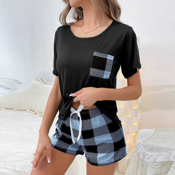 Elvqul Pajamas for Women Under $5 2PC Blue Women Pajamas Tops and Shorts Lightweight