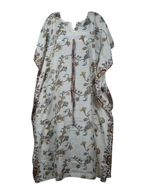 Mogul Women White Maxi Kaftan V-Neck Printed Kimono Sleeves Resort Wear Housedress Holiday Caftan Dresses 2X