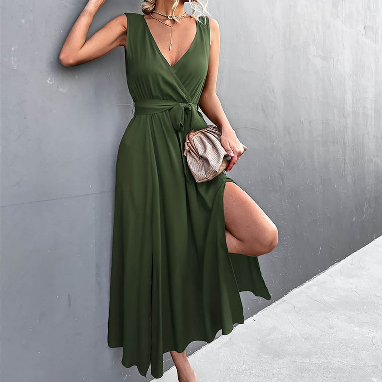 Women's Dresses Clearance Sale! Sleeveless Dress For Women V Neck Solid  Dress Casual Long Dress Army Green L A29613 