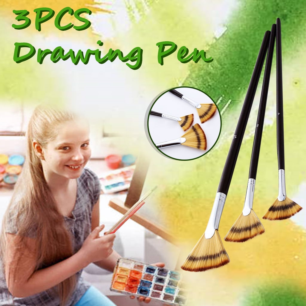 3PCS Paint Brush Set Artist Fan Brush Wood Long Hands Painting Brush Set for Oil Paint Acrylic Paint
