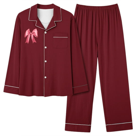 Annhoo Pajama Sets for Women 2 Piece Lapel Long Sleeve Bowknot Button down Shirts Pj Trousers Outfits Loungewear