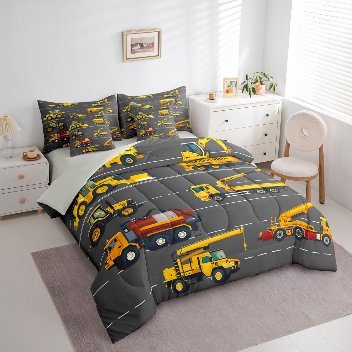 Homewish Construction Vehicles 7-Piece Twin Bedding Sets,Flammable Bedding Comforter Set,Brown Brown Sheet Sets For Boys Kids,Super Cozy Room Decor Reversible