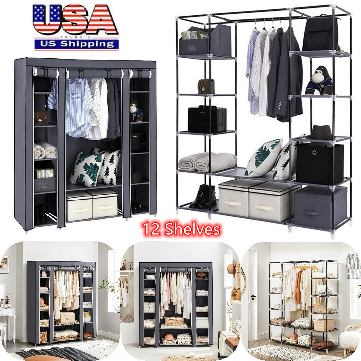 Large Capacity Portable Clothes Closet Organizer and Storage, Non-Woven  Fabric Wardrobe, Easy to Assemble, Strong and Durable Closet With 12  Shelves and 1 Clothes Hanging Rail,(150*45*175cm)-Gray - Walmart.com