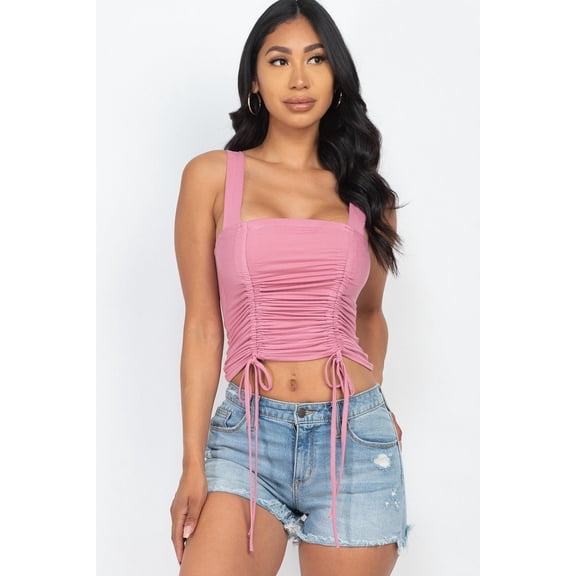 Adjustable Front Ruched With String Square Neck Crop Tops L