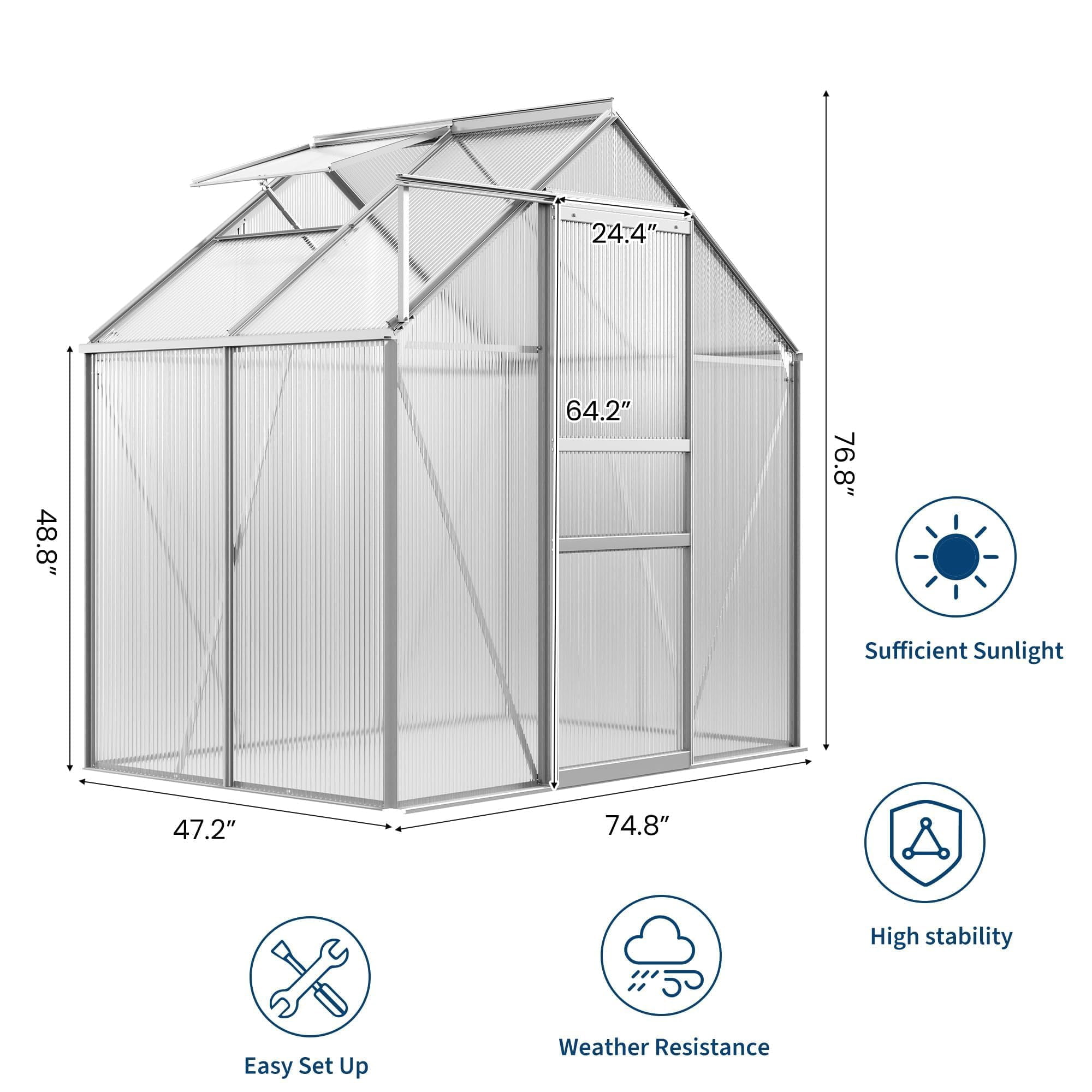 6x4 FT Greenhouse Kit for Outdoors – Durable Aluminum Frame, Sliding Lockable Door, Adjustable Roof Vent, Gutter System, Easy Assembly–Original Color