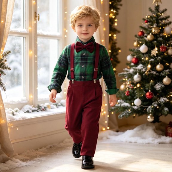 Glisme Boys Trendy Christmas Clothes Long Sleeve Outfits O Neck Cartoon Prints Tops Suspender Pants Lovely Toddler Daily Wear Red