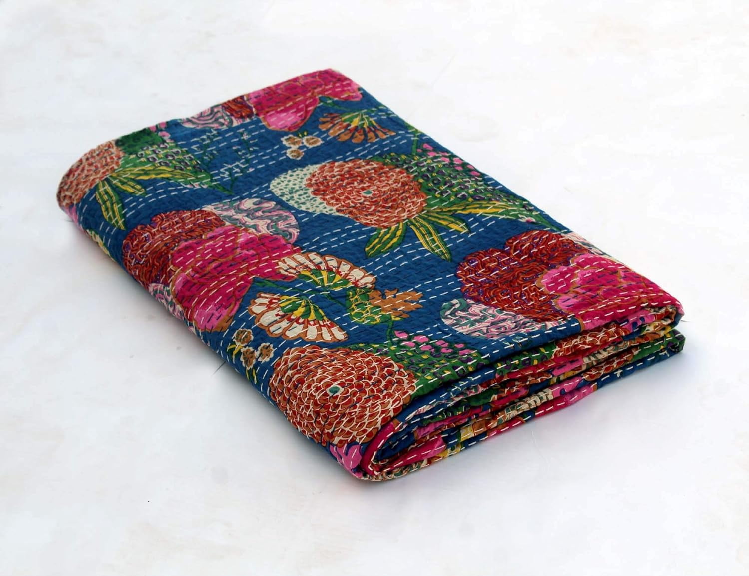 Indian Handmade Floral Print Kantha Quilt, Bedspread , Blanket Size ( King 108" x 108" )