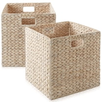 Casafield 13" x 13" Water Hyacinth Storage Baskets, Whitewash - Set of 2 Collapsible Cubes, Handwoven Organizer BIns for Bathroom, Bedroom, Laundry