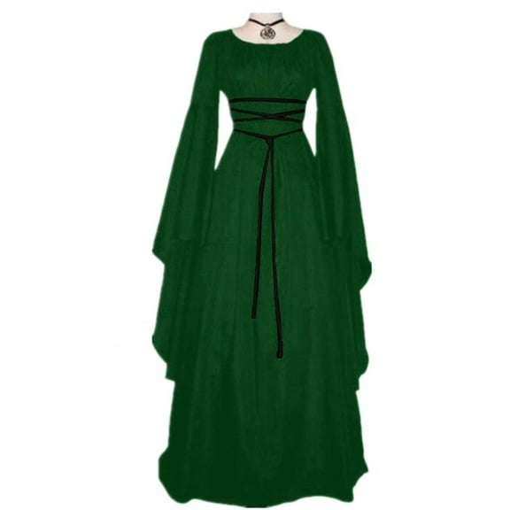 Enjoytime Maxi Dresses for Women 2025 Solid Color Round Neck Long Sleeve Gothic Dress with Bandage Elegant Renaissance Dress Halloween Costumes Green XL