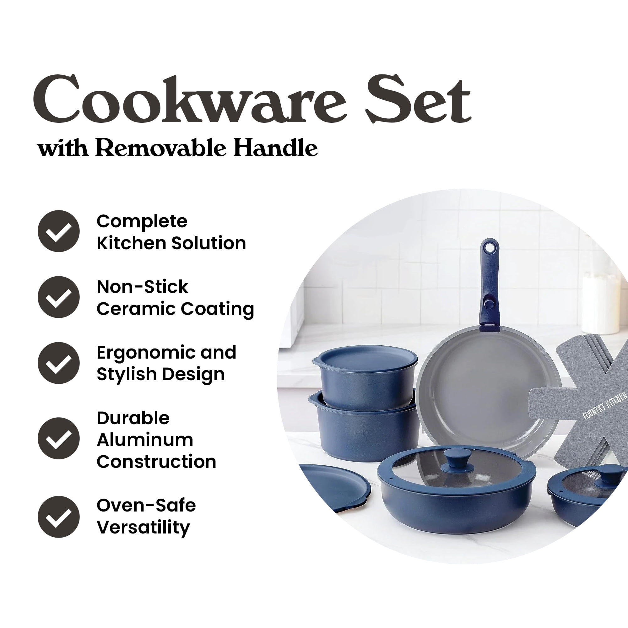 Country Kitchen Pots and Pans Cookware Set, 16-Piece, Ceramic Coated, Removable Handle, Denim