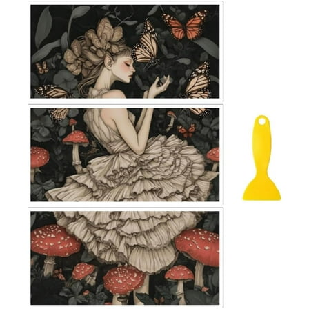 Rub on Transfer Decal Sticker for Furniture Craft Decor 6"x12" Mushroom Forest Girl 3Pcs Waterproof UV DTF Transfer for Drawer Dresser Glass Porcelain Wood Plastic
